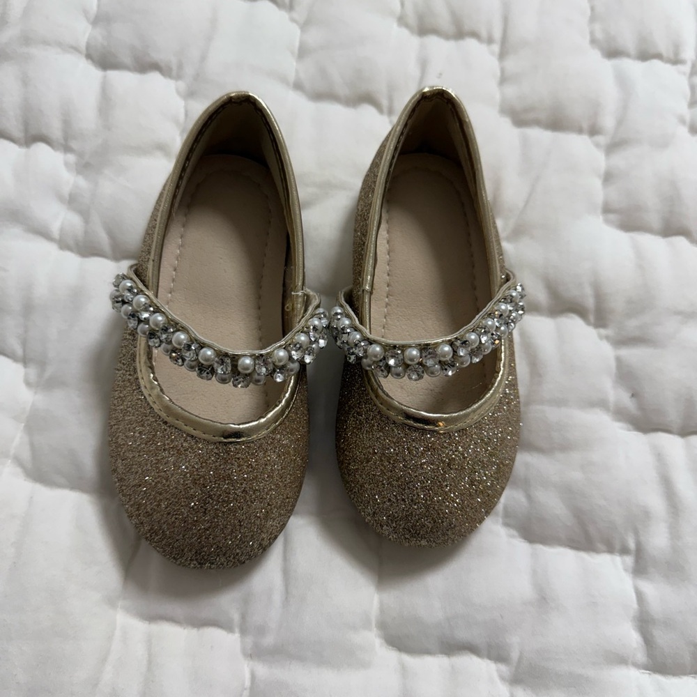 Gold Glitter Kids Shoes with Pearl Strap